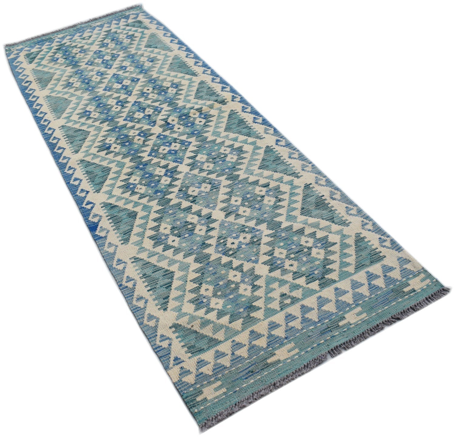 Handwoven Afghan Maimana wool runner rug featuring a blue and cream geometric pattern.