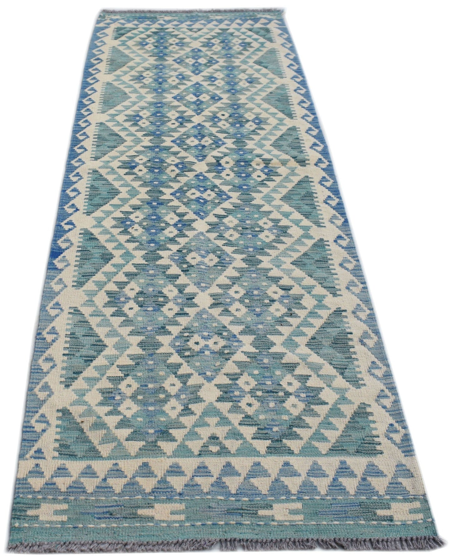 Handwoven Afghan Maimana wool runner rug featuring a blue and cream geometric diamond pattern.