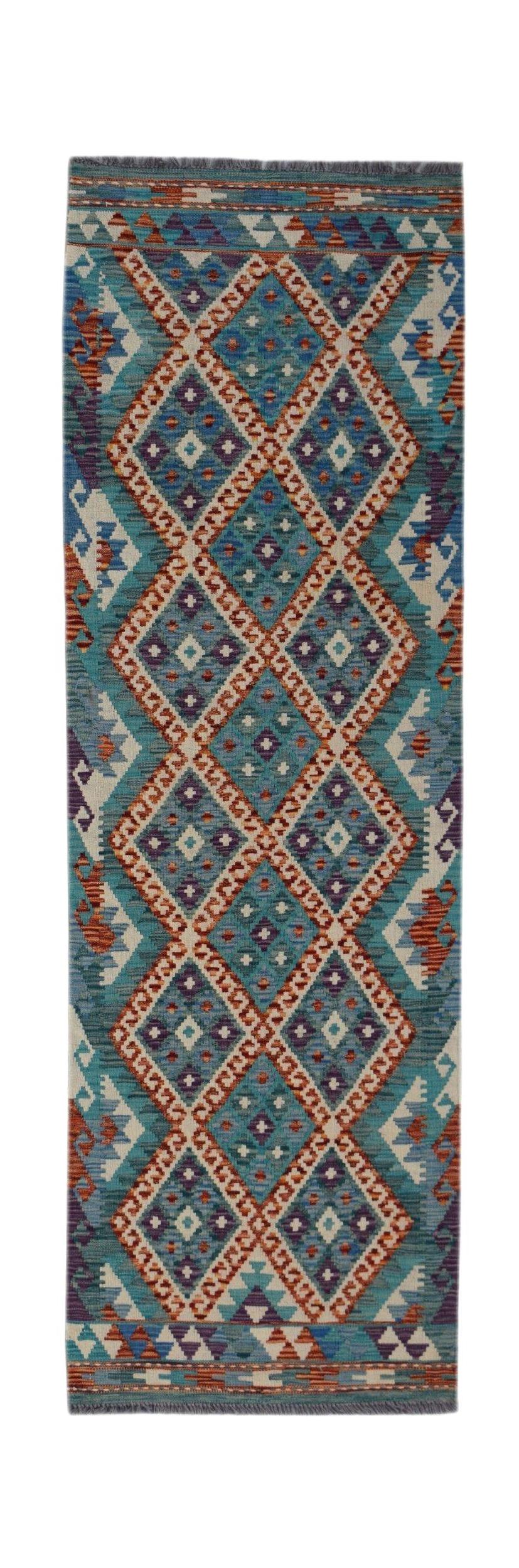 Handwoven Afghan Maimana wool runner featuring a geometric diamond pattern in blue and orange.