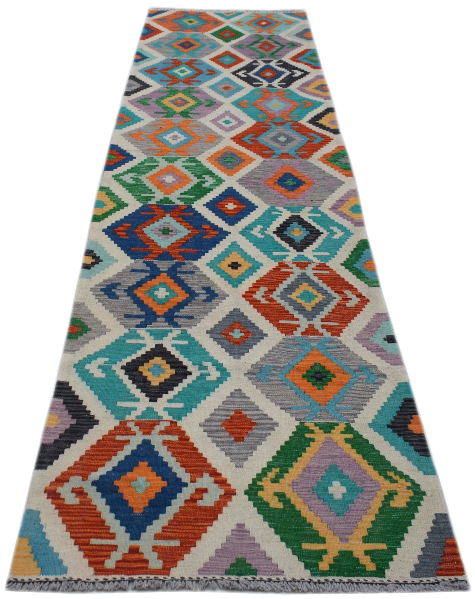 Handwoven Afghan Maimana wool runner featuring a colorful geometric diamond pattern.