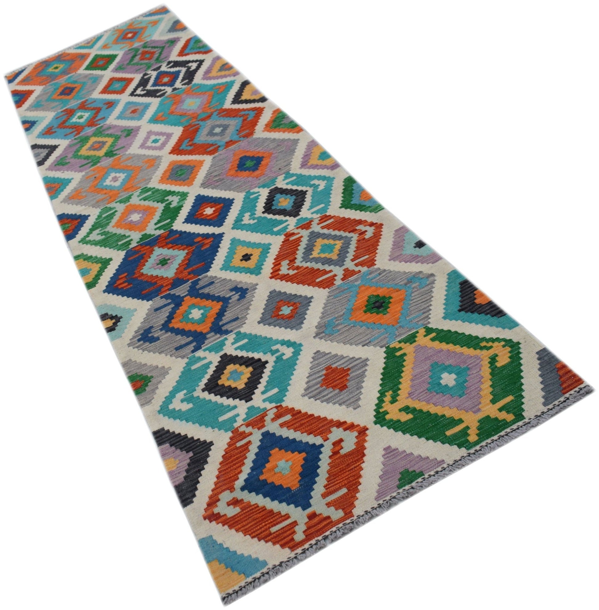 Handwoven Afghan Maimana wool runner rug featuring a colorful geometric diamond pattern.