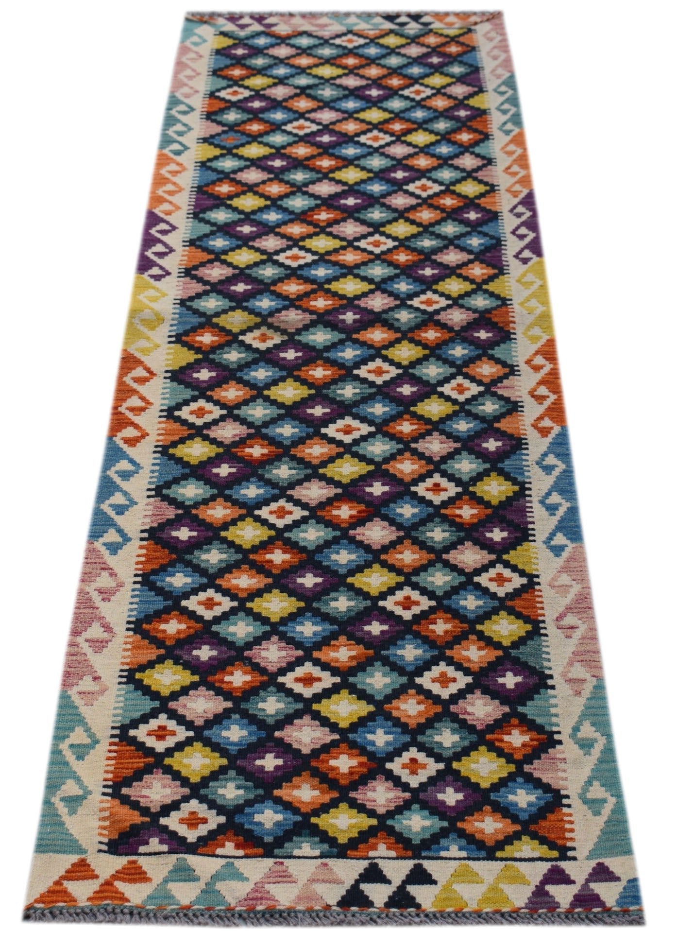 Handwoven Afghan Maimana wool runner featuring a colorful geometric diamond pattern.