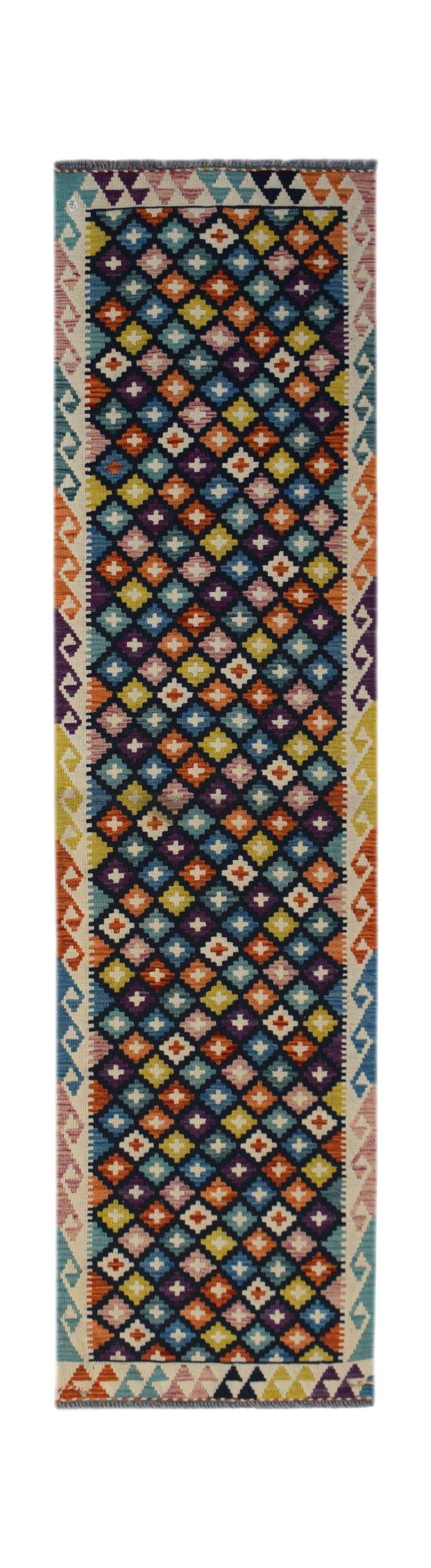 Handwoven Afghan Maimana wool runner featuring a colorful geometric diamond pattern.