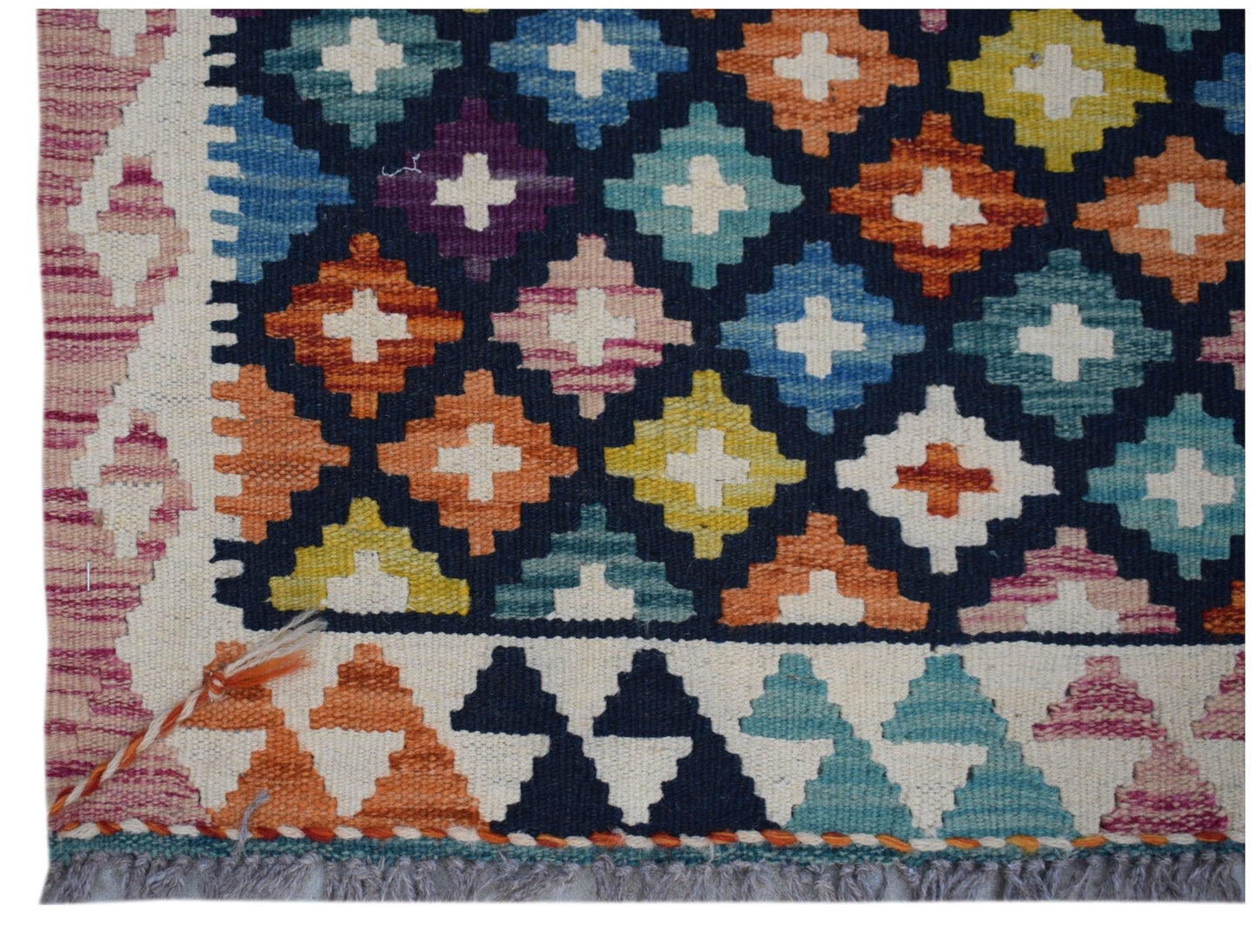 Handwoven Afghan Maimana wool kilim runner featuring a colorful geometric diamond pattern.