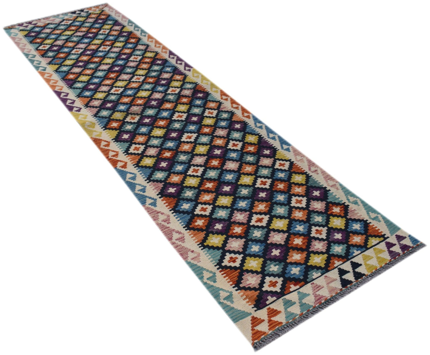 Handwoven Afghan Maimana wool runner featuring a colorful geometric diamond pattern.