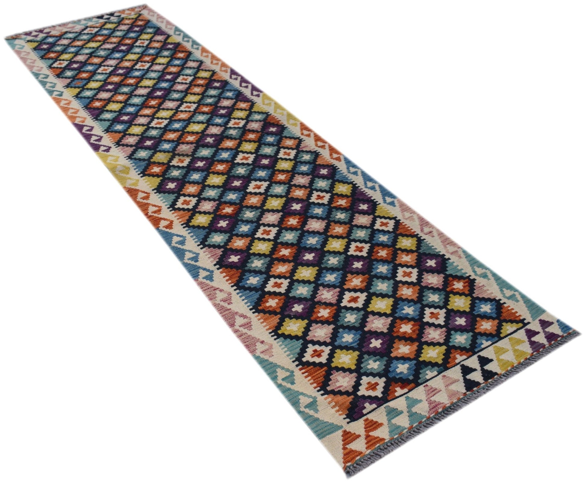 Handwoven Afghan Maimana wool runner featuring a colorful geometric diamond pattern.
