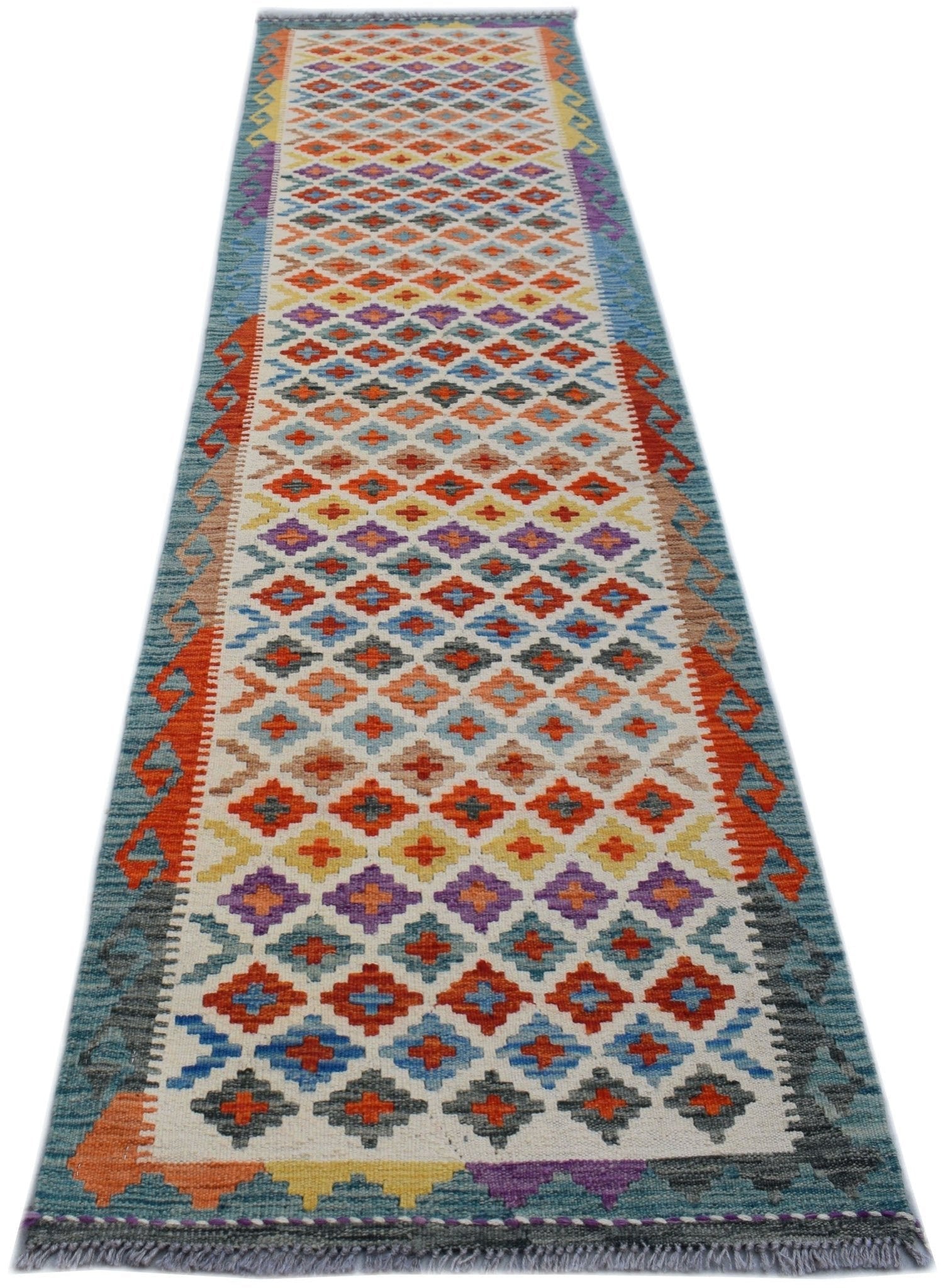 Handwoven Afghan Maimana wool runner featuring a colorful geometric diamond pattern.