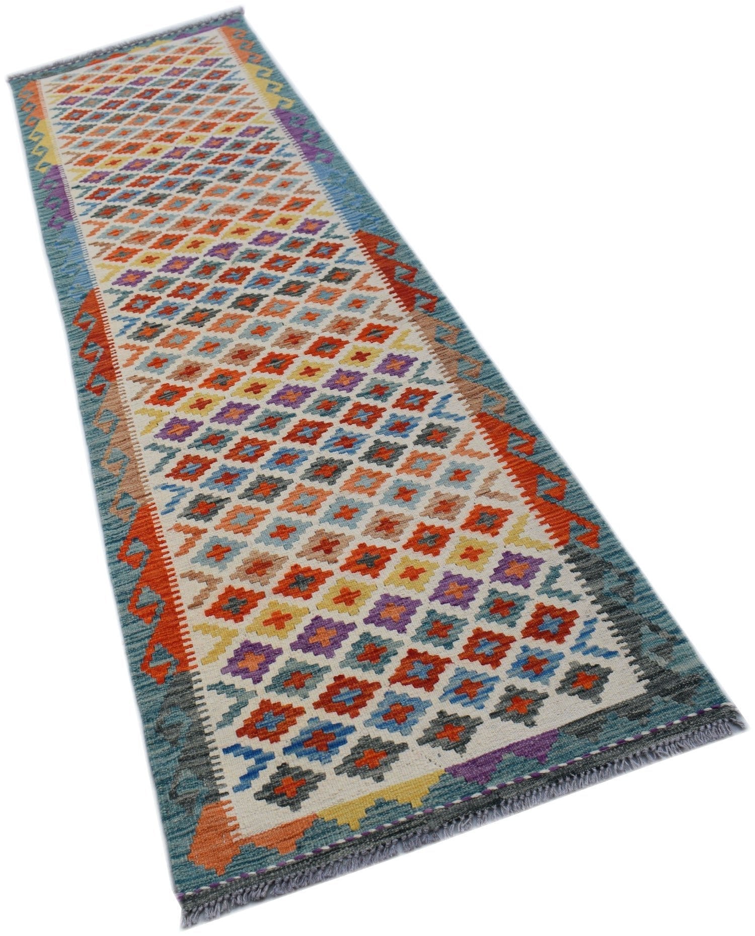 Handwoven Afghan Maimana wool runner rug featuring a colorful geometric diamond pattern.