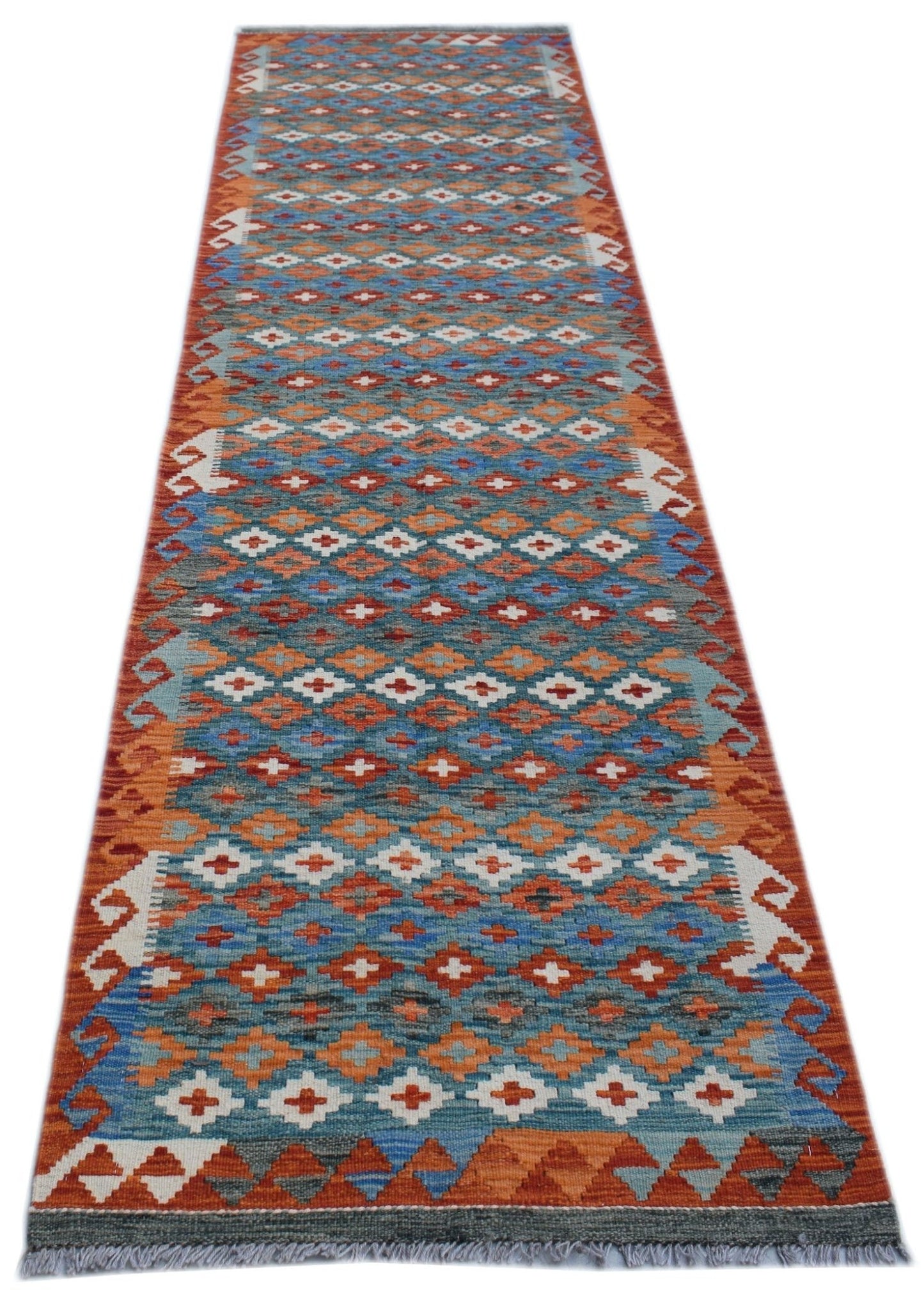 Handwoven Afghan Maimana wool runner rug featuring a geometric diamond pattern in blue and orange.