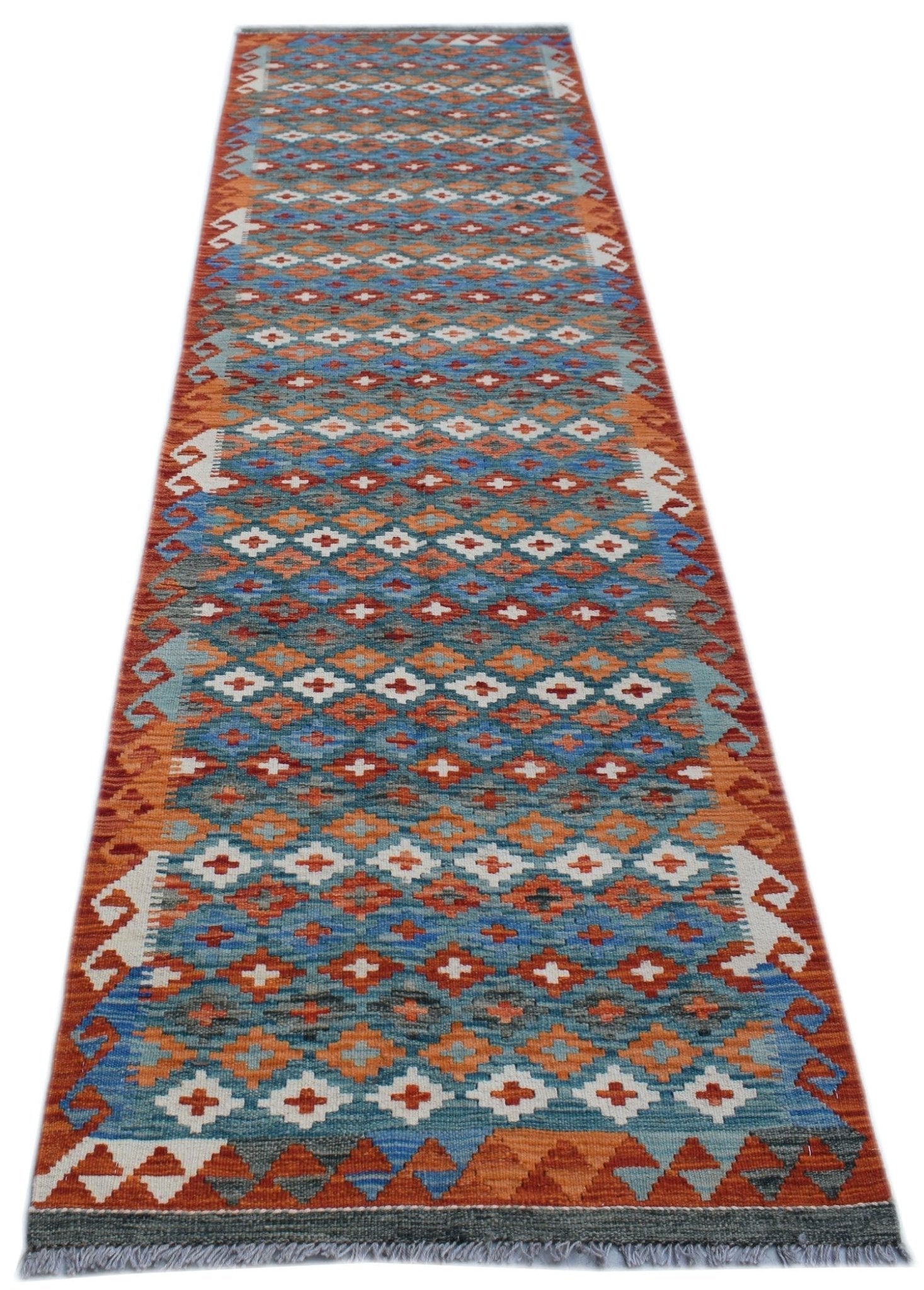 Handwoven Afghan Maimana wool runner rug featuring a geometric diamond pattern in blue and orange.