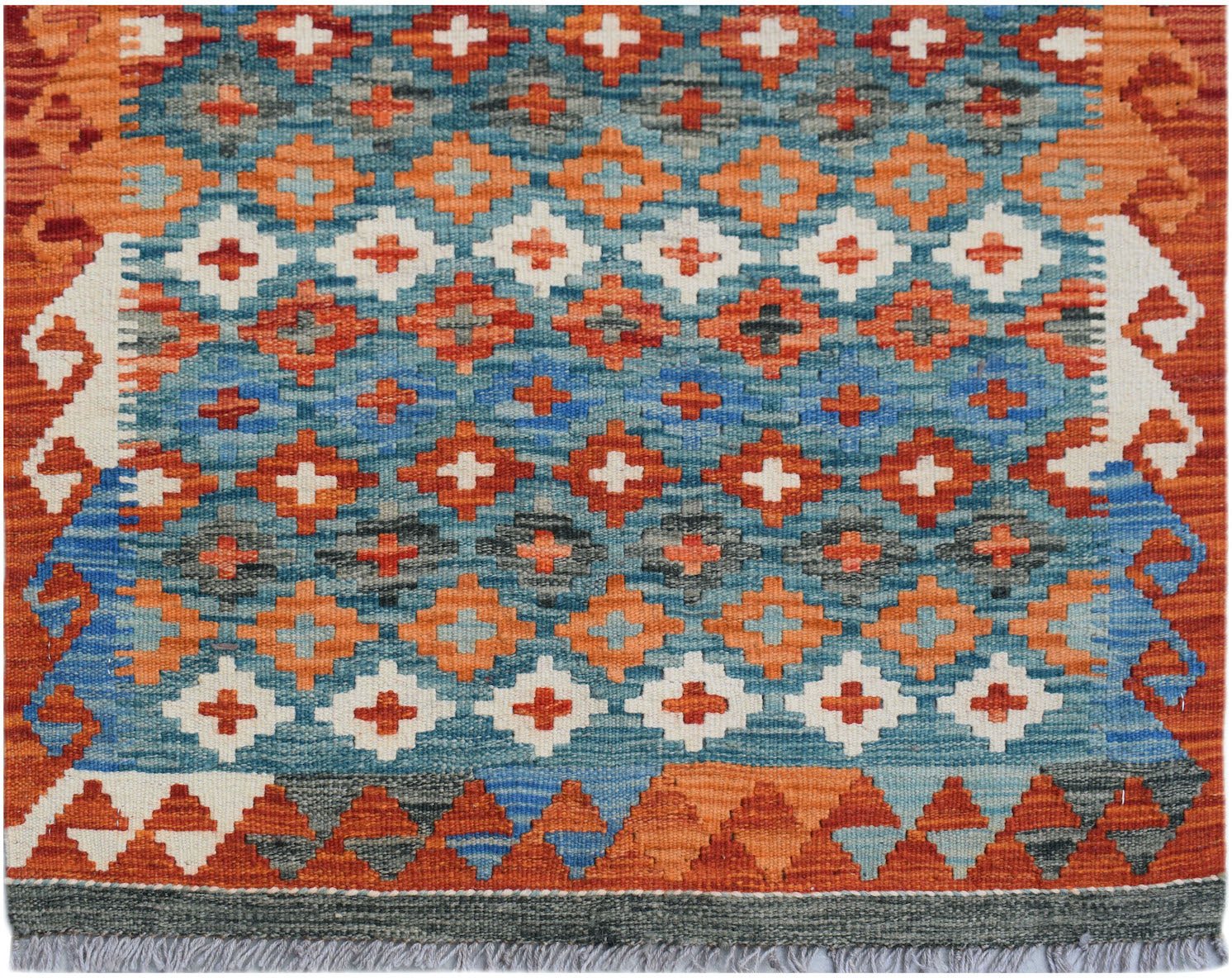 Handwoven Afghan Maimana wool kilim runner featuring a vibrant geometric pattern in blue and orange.