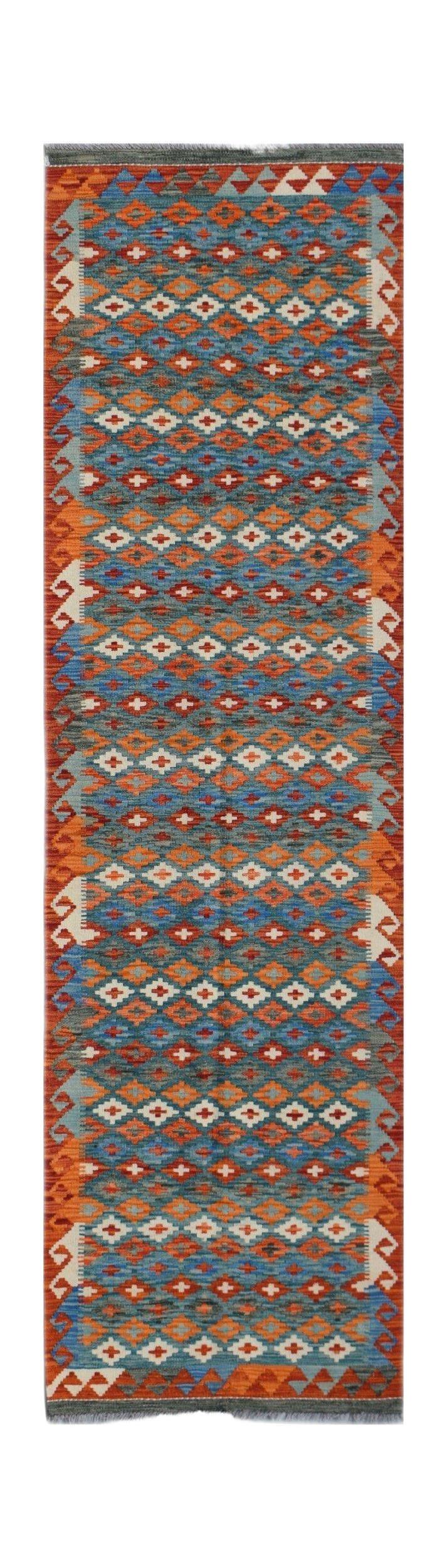 Handwoven Afghan Maimana wool runner rug featuring a geometric diamond pattern in blue and orange.
