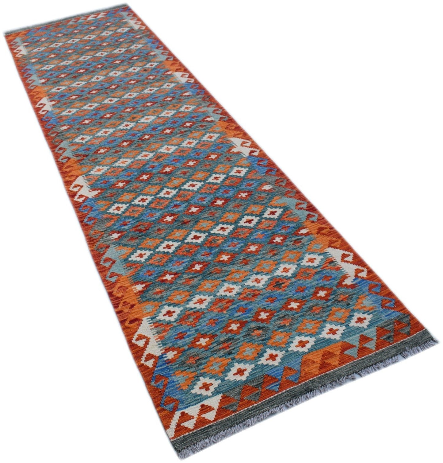 Handmade Afghan Maimana wool runner rug featuring a geometric pattern in blue and orange tones.