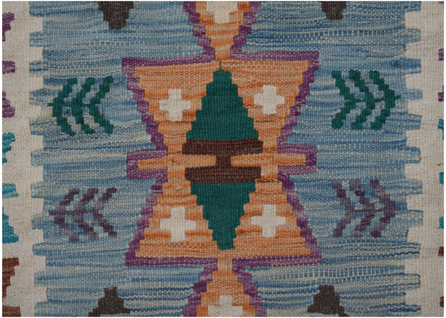 Handwoven Afghan Maimana kilim runner featuring a geometric pattern in blue, orange, and green.