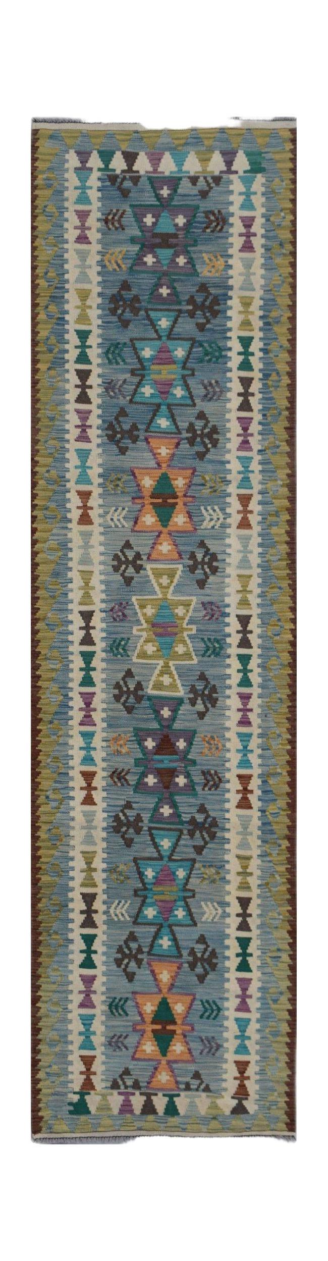 Handwoven Afghan Maimana wool runner rug featuring a blue field with colorful geometric patterns.
