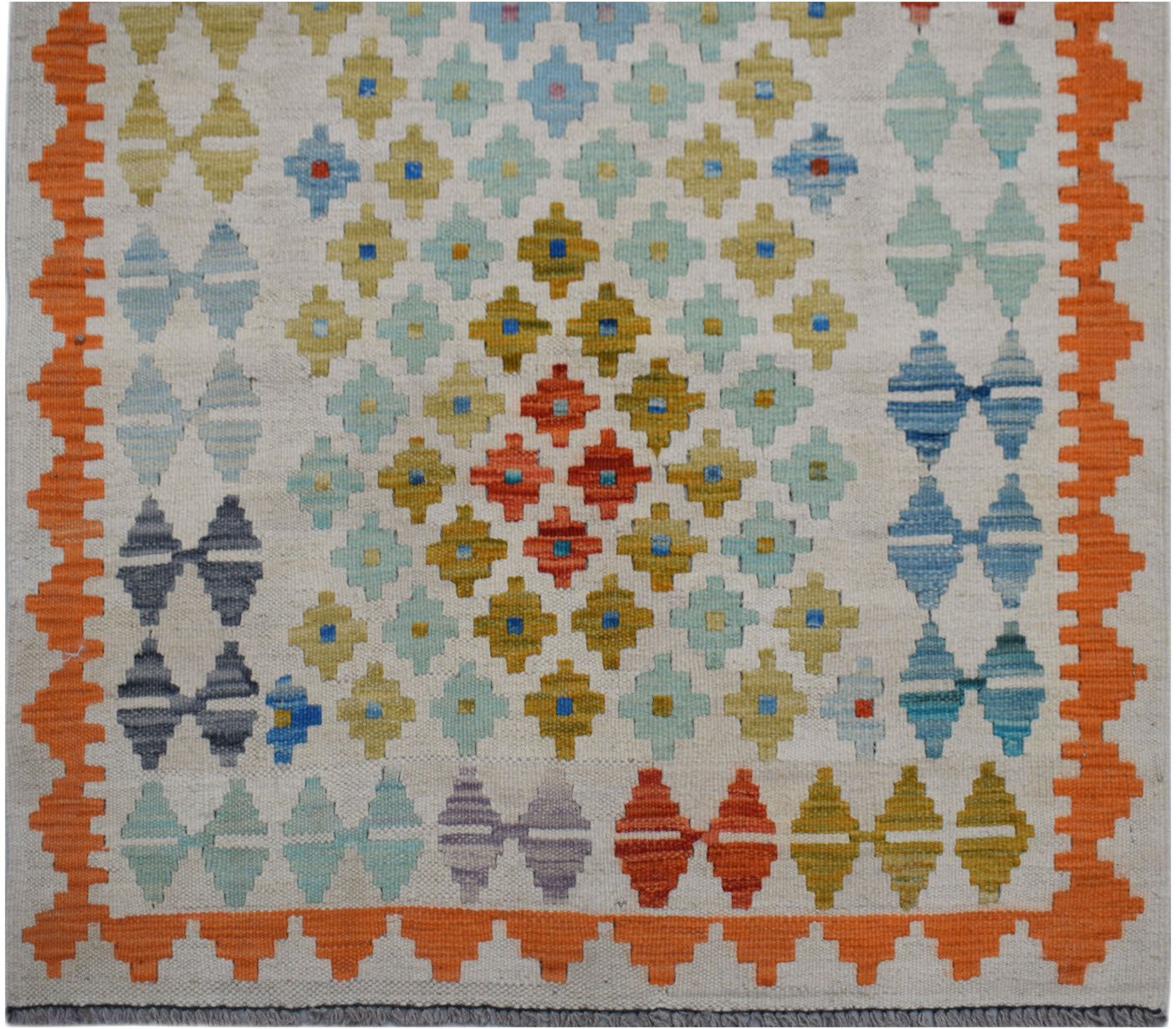 Handwoven Afghan Maimana wool runner rug featuring a geometric pattern in multicolored hues.