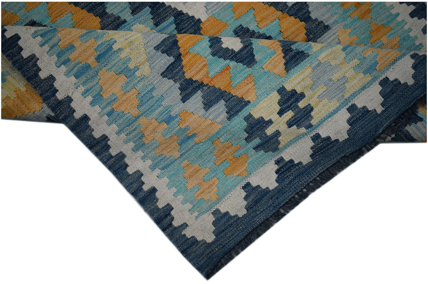 Handwoven Afghan Maimana wool kilim runner featuring a geometric pattern in blue and orange tones.