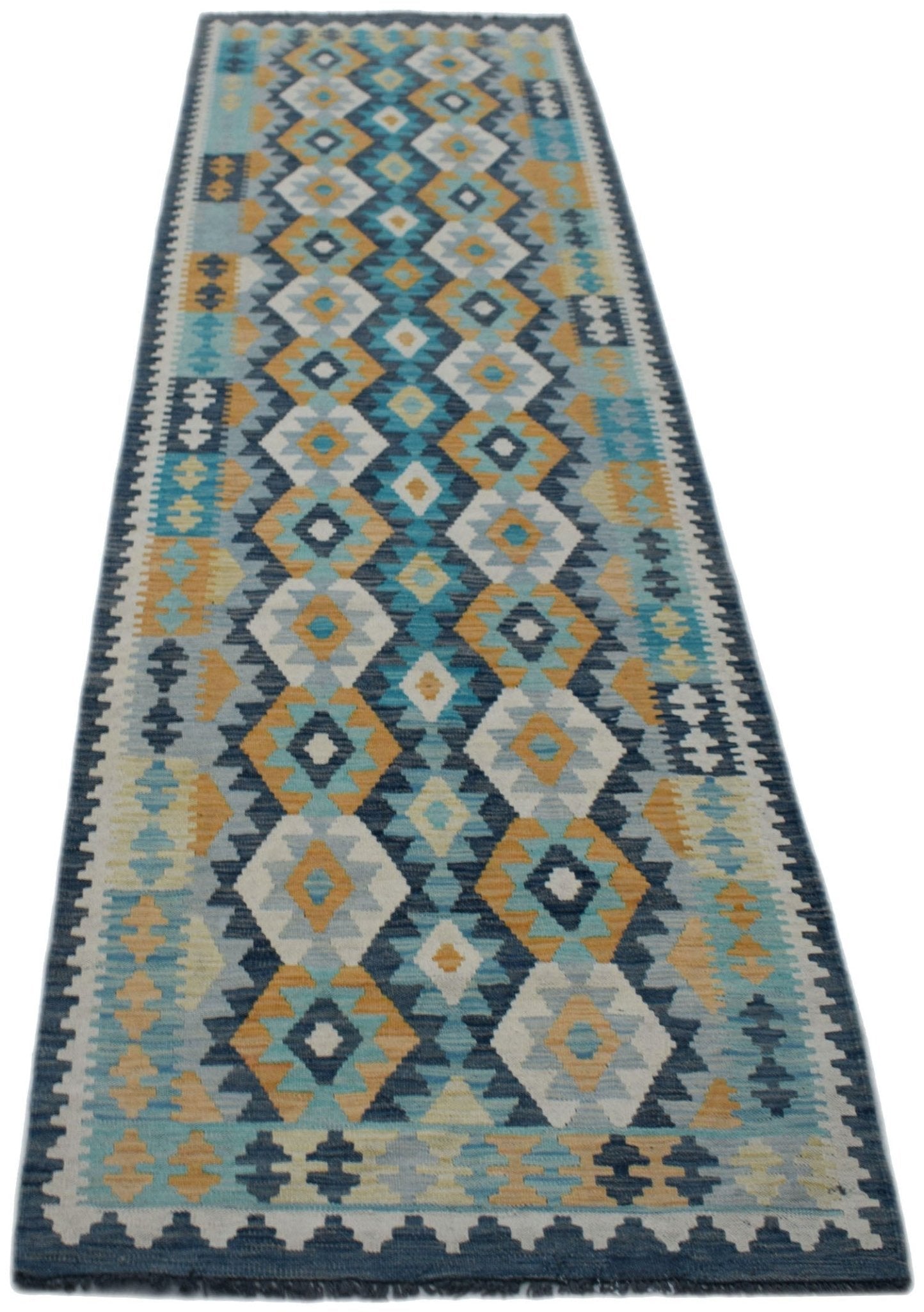 A handmade Afghan Maimana wool runner rug featuring a geometric diamond pattern in blue and gold.