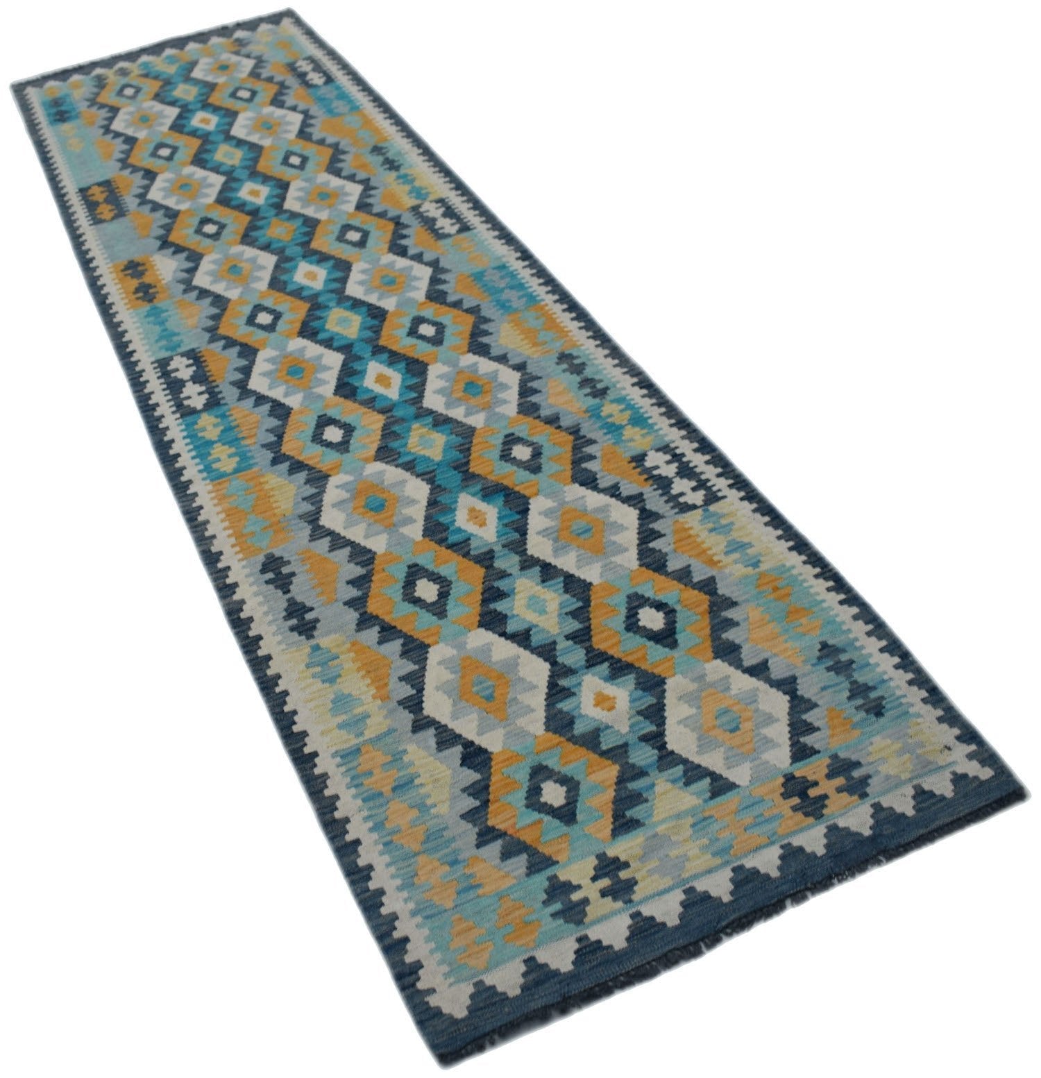 A handmade Afghan Maimana wool runner rug featuring a geometric pattern in blue, yellow, and grey.