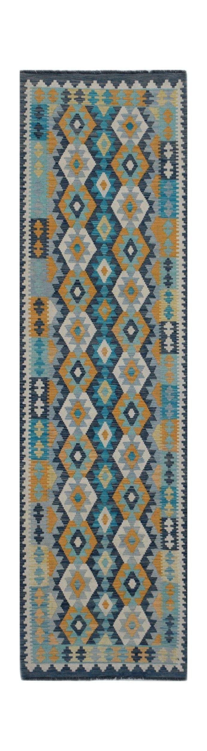 Handwoven Afghan Maimana wool runner featuring a geometric diamond pattern in blue and gold tones.