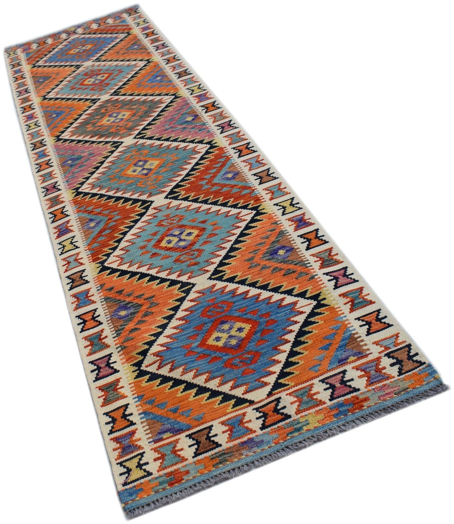 Handwoven Afghan Maimana wool runner rug featuring a vibrant geometric diamond pattern.