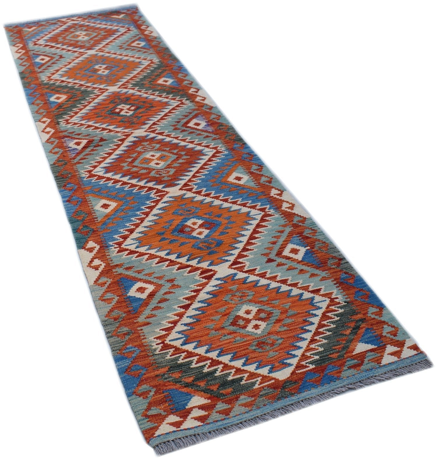 Handwoven Afghan Maimana wool runner rug featuring a geometric diamond pattern in vibrant colors.