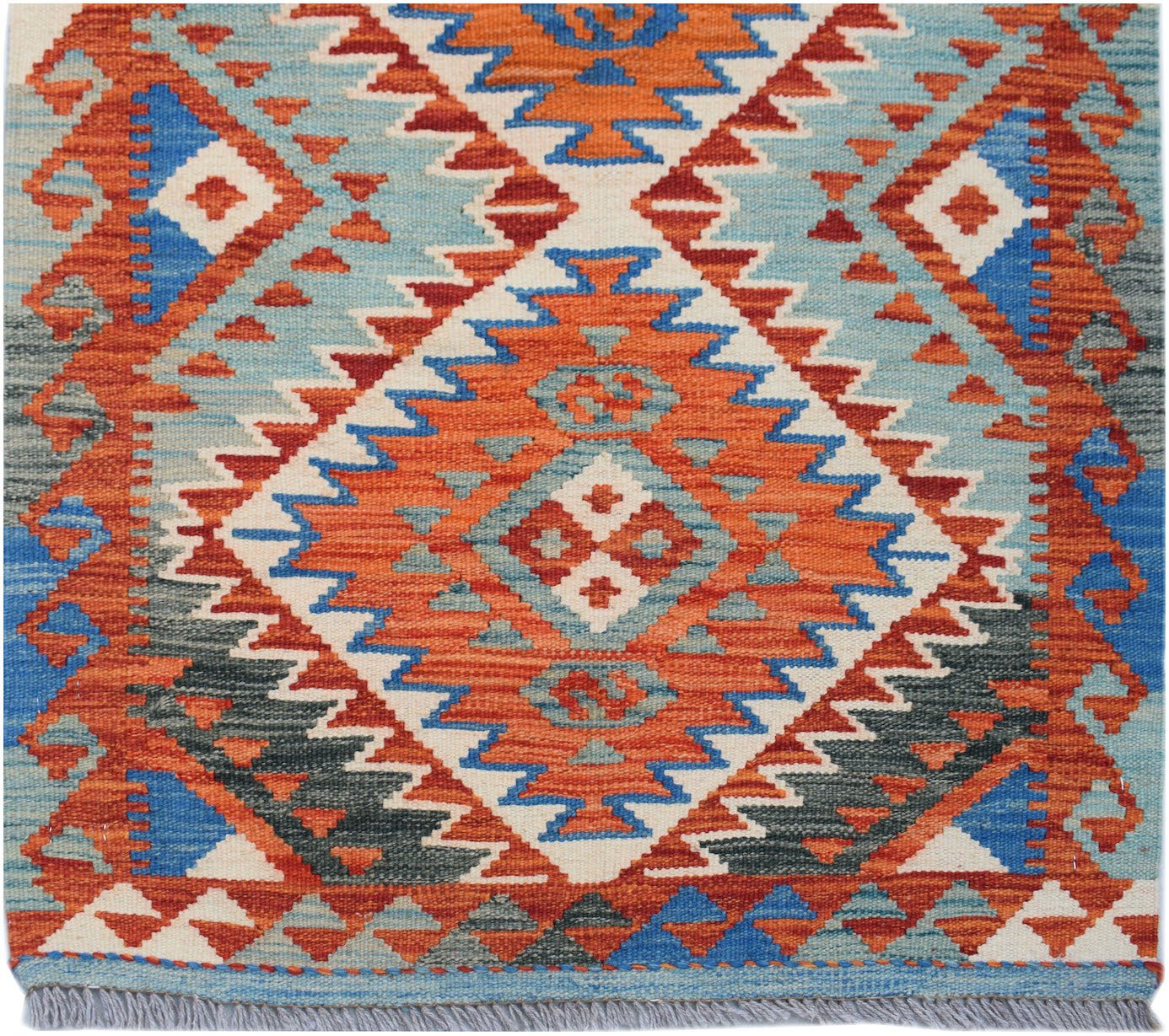 Handwoven Afghan Maimana kilim runner featuring a geometric diamond pattern in orange and blue.