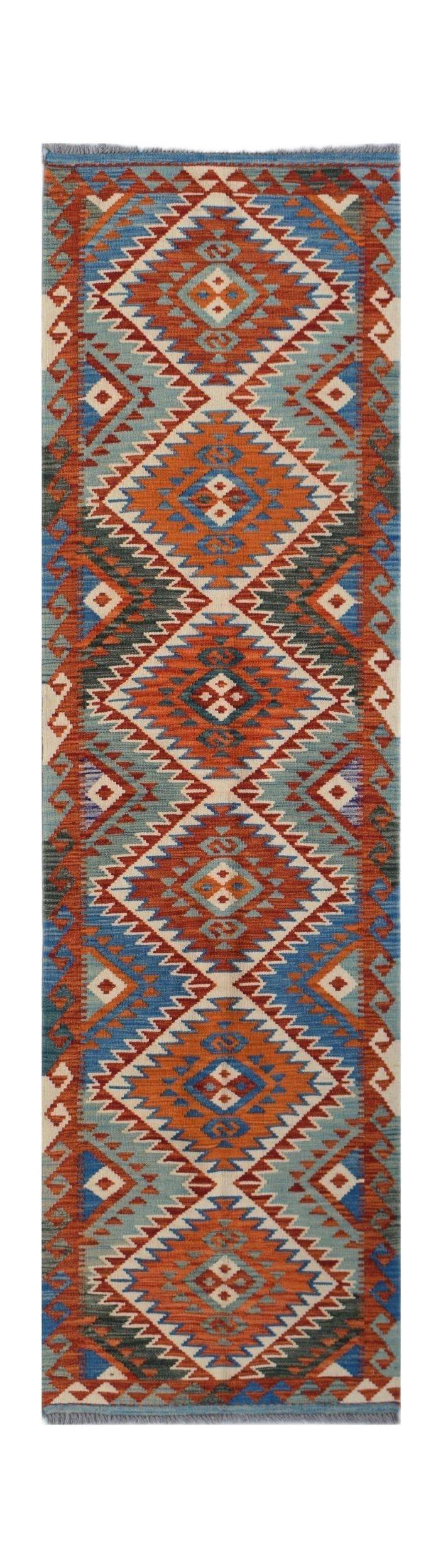Handwoven Afghan Maimana wool runner featuring a geometric diamond pattern in blue and orange.