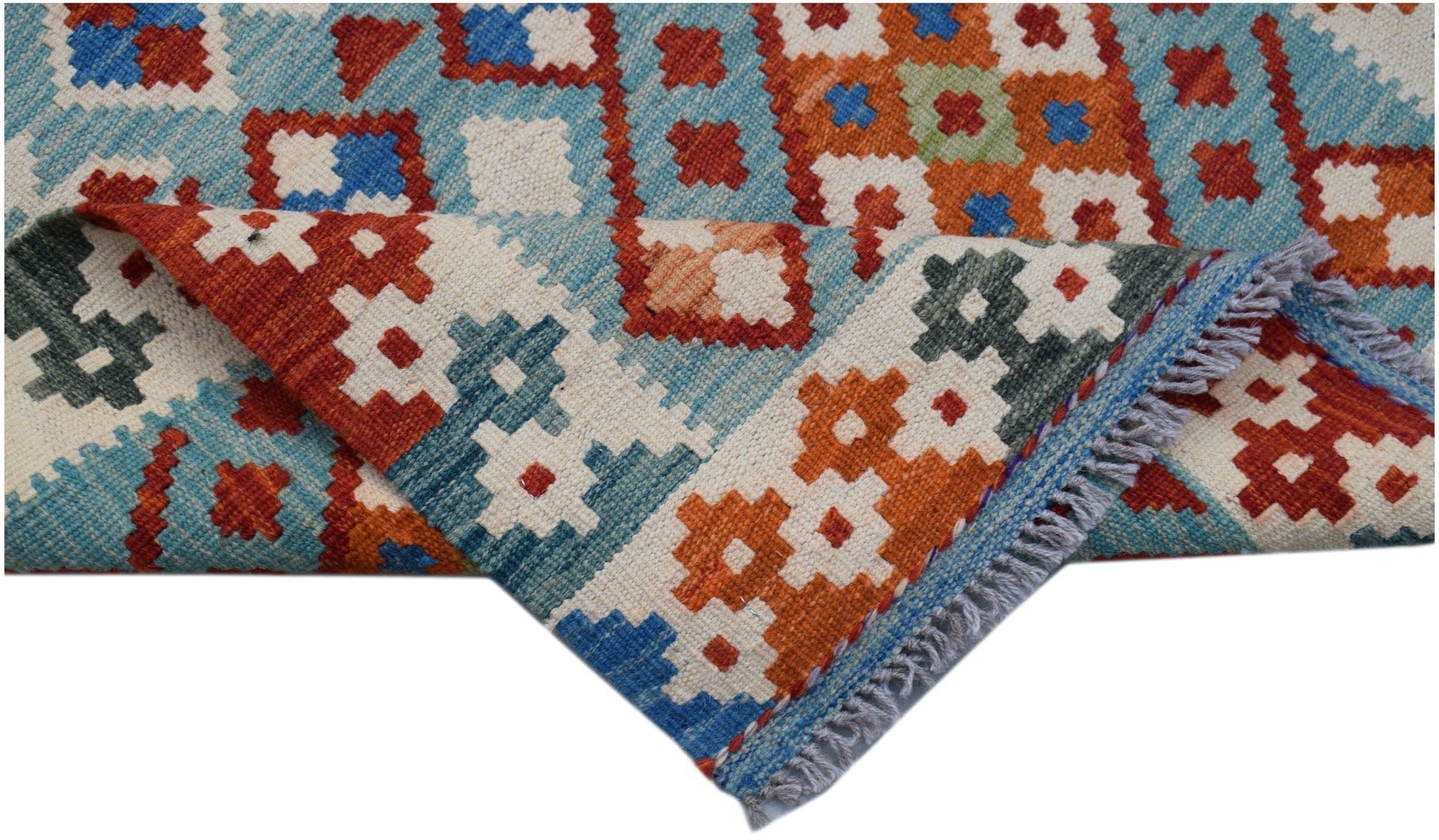 Handwoven Afghan Maimana wool kilim runner featuring a colorful geometric pattern.