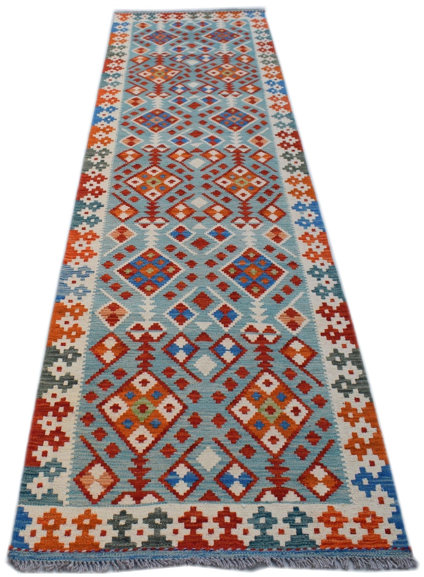 Handwoven Afghan Maimana wool runner rug featuring a geometric pattern in blue, orange, and red.
