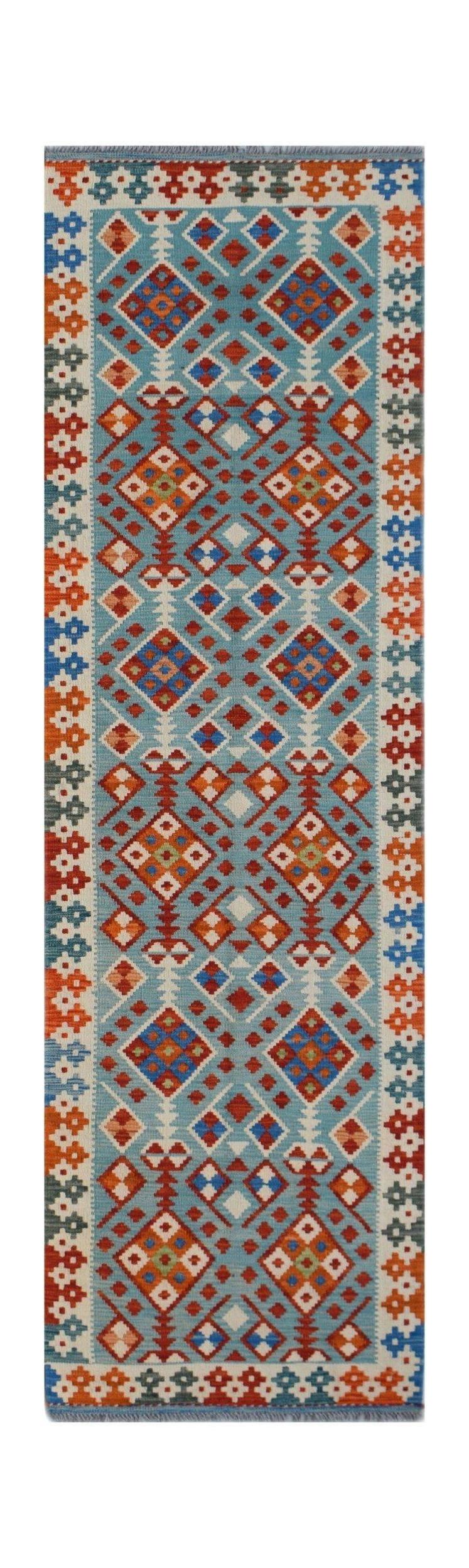 Handwoven Afghan Maimana wool runner featuring a geometric pattern in blue, orange, and red.