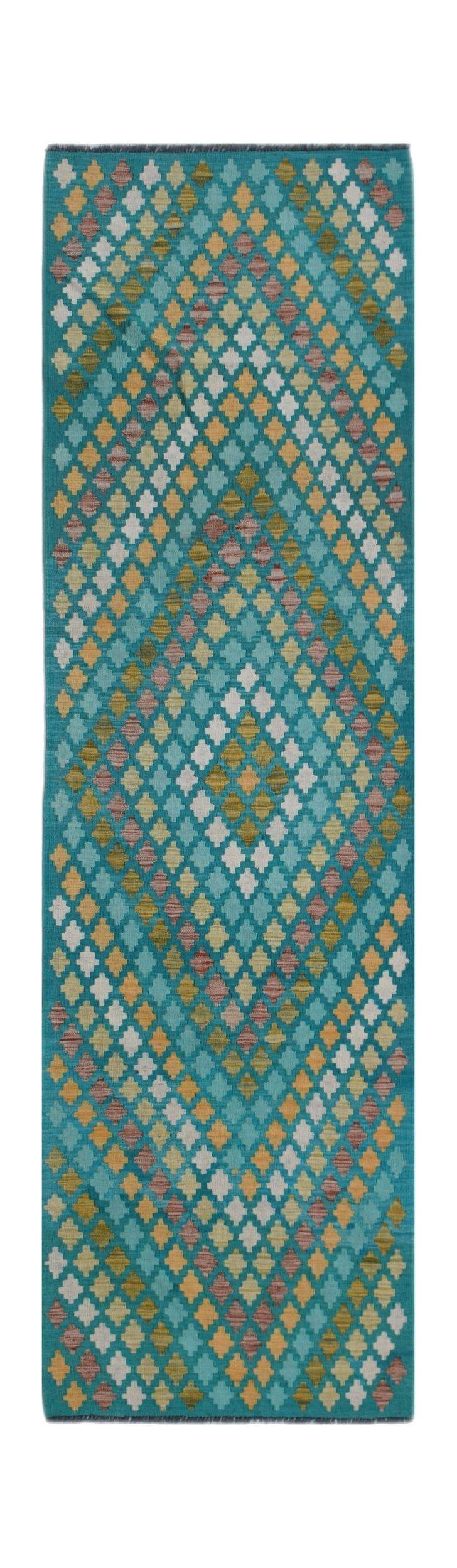 Handwoven Afghan Maimana wool runner featuring a geometric diamond pattern in teal and gold tones.