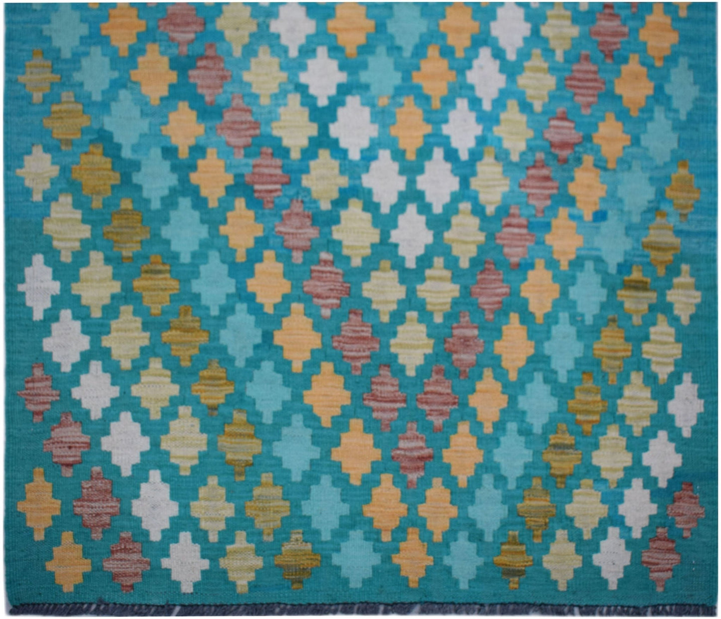 Handwoven Afghan Maimana kilim runner featuring a repeating geometric pattern in vibrant colors.