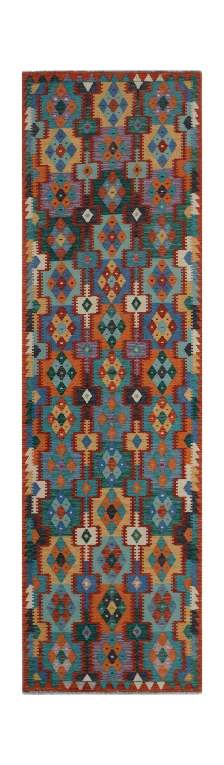 Handwoven Afghan Maimana wool runner rug featuring a vibrant geometric pattern in multi-colored hues.