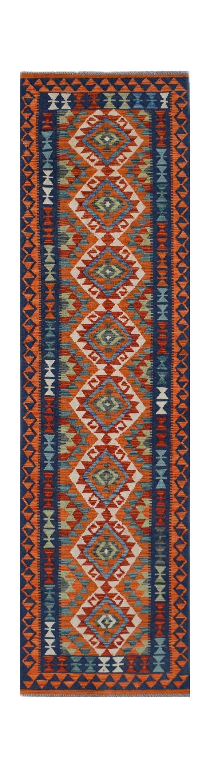 Handwoven Afghan Maimana wool runner rug featuring a geometric diamond pattern in vibrant colors.