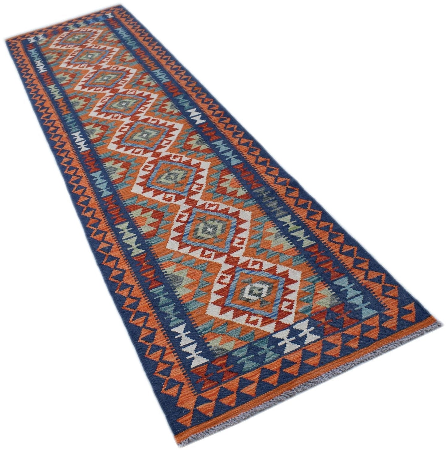 A handmade Afghan Maimana wool runner rug featuring a geometric diamond pattern in orange and blue.