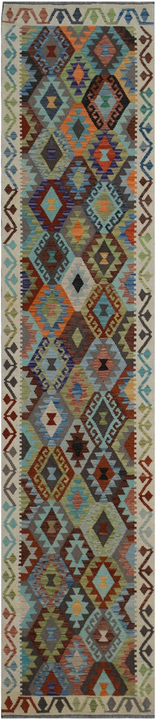 Handmade Afghan Maimana Killim Hallway Runner | 380 x 80 cm | 12'8" x 2'8" - Najaf Rugs & Textile