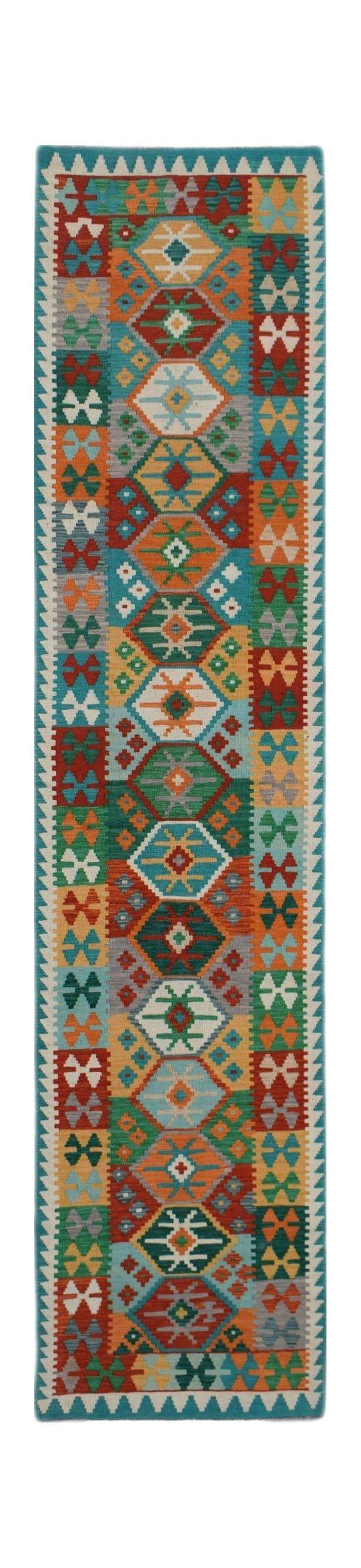 Handwoven Afghan Maimana wool runner rug featuring a colorful geometric pattern.