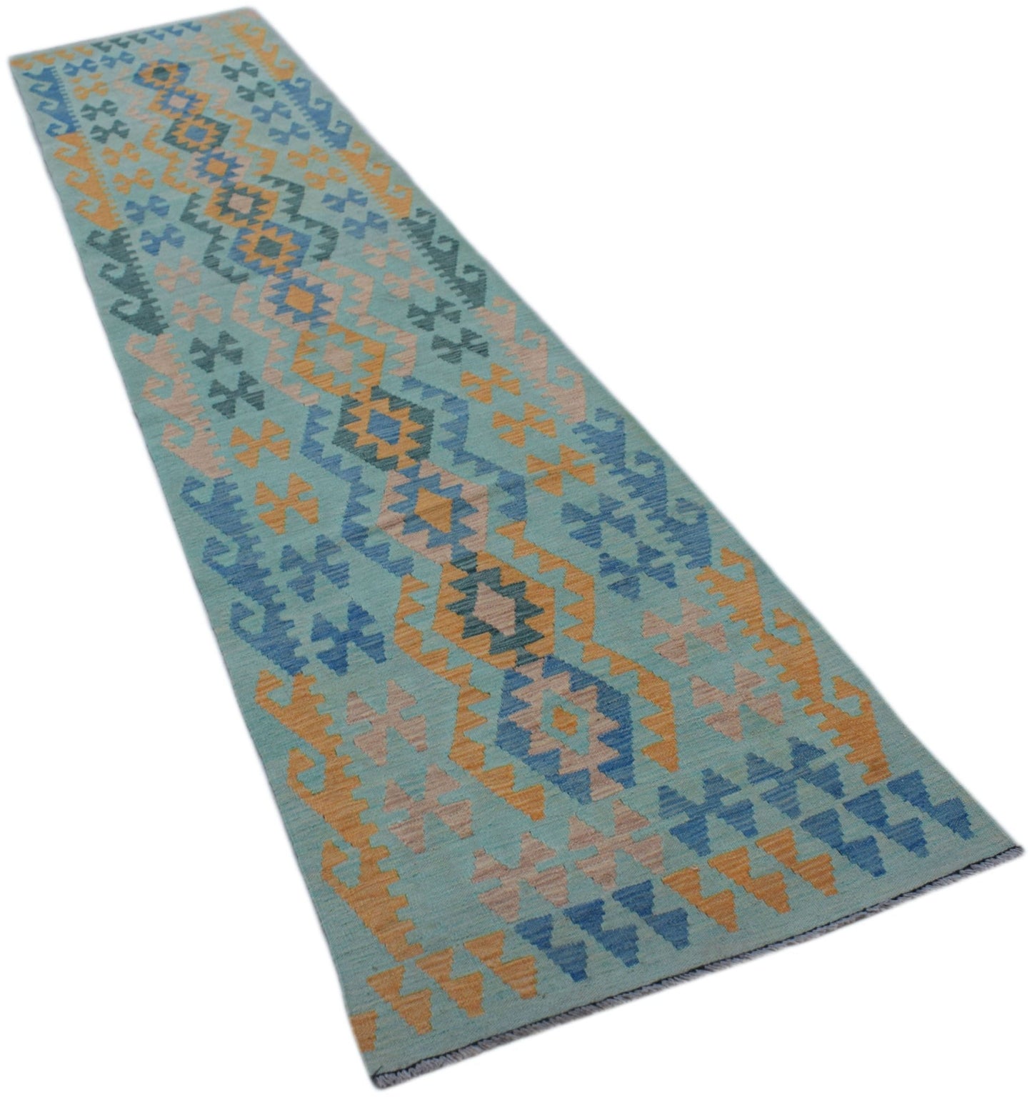 An Afghan Maimana Kilim runner featuring a geometric pattern in blue, orange, and beige wool.