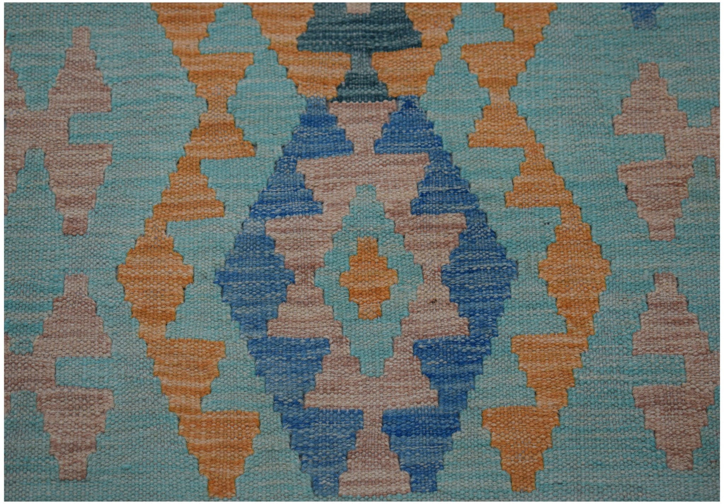 Handwoven Afghan Maimana kilim runner featuring a geometric diamond pattern in blue and orange.