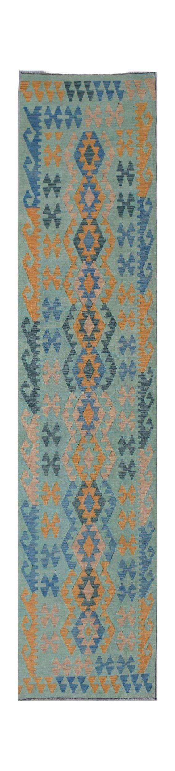 Handwoven Afghan Maimana wool runner rug featuring a geometric pattern in blue, orange, and tan.