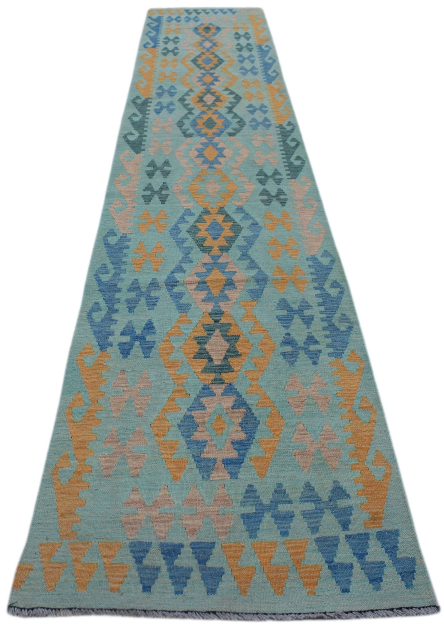 Handwoven Afghan Maimana wool runner featuring a geometric pattern in blue, orange, and beige.