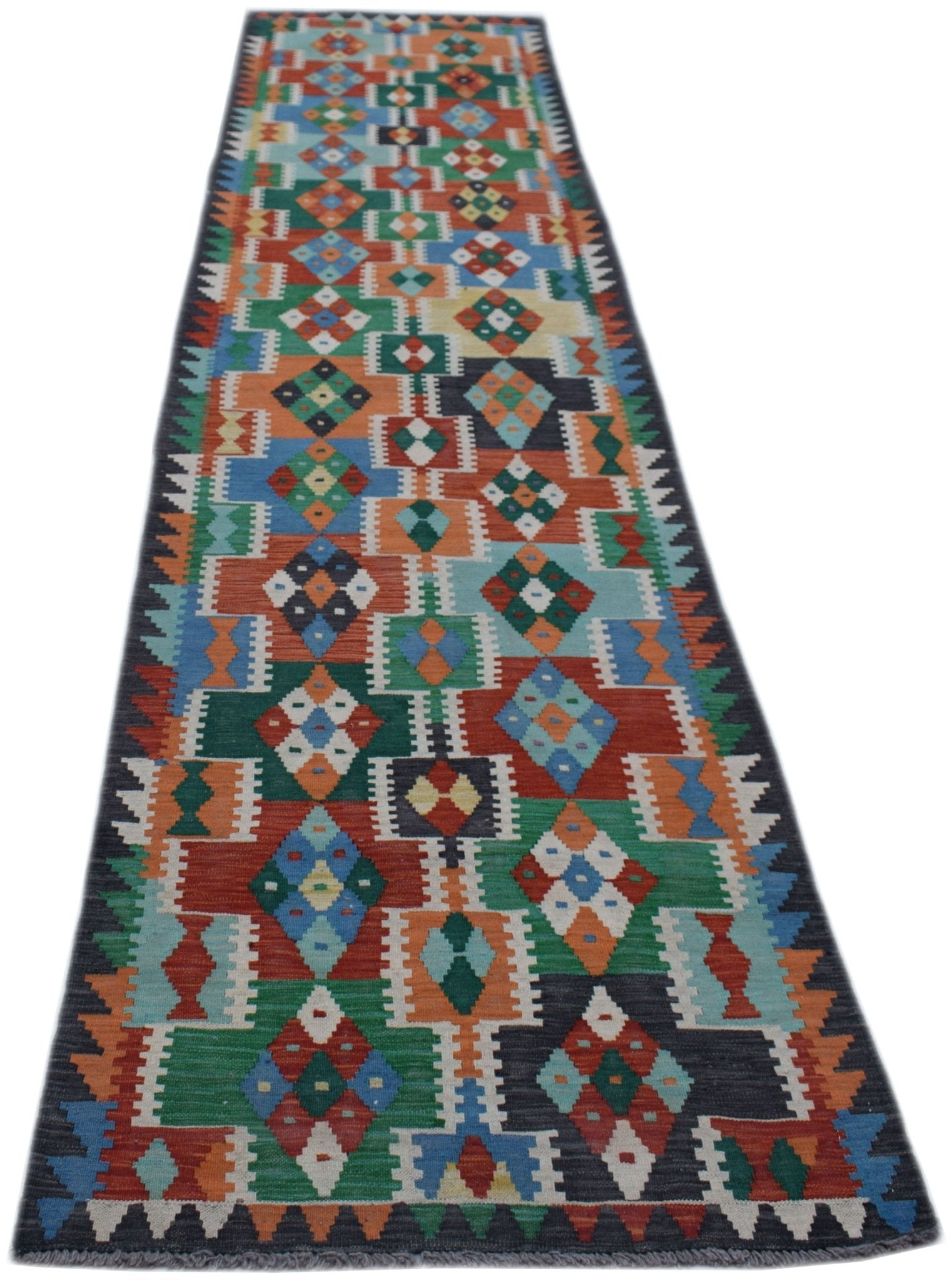 Handwoven Afghan Maimana wool runner rug featuring a colorful geometric diamond pattern.