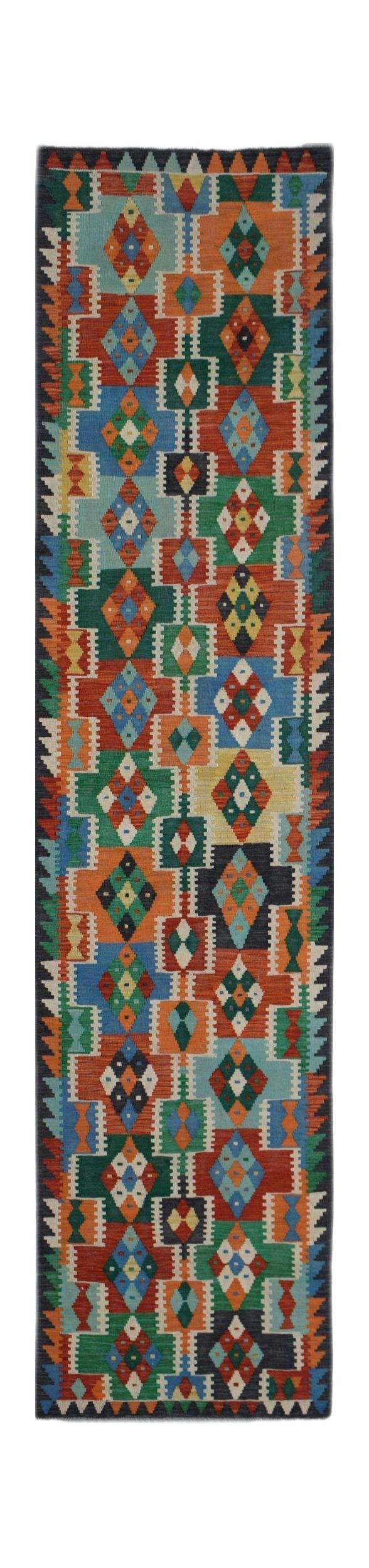 Handwoven Afghan Maimana wool runner rug featuring a colorful geometric diamond pattern.