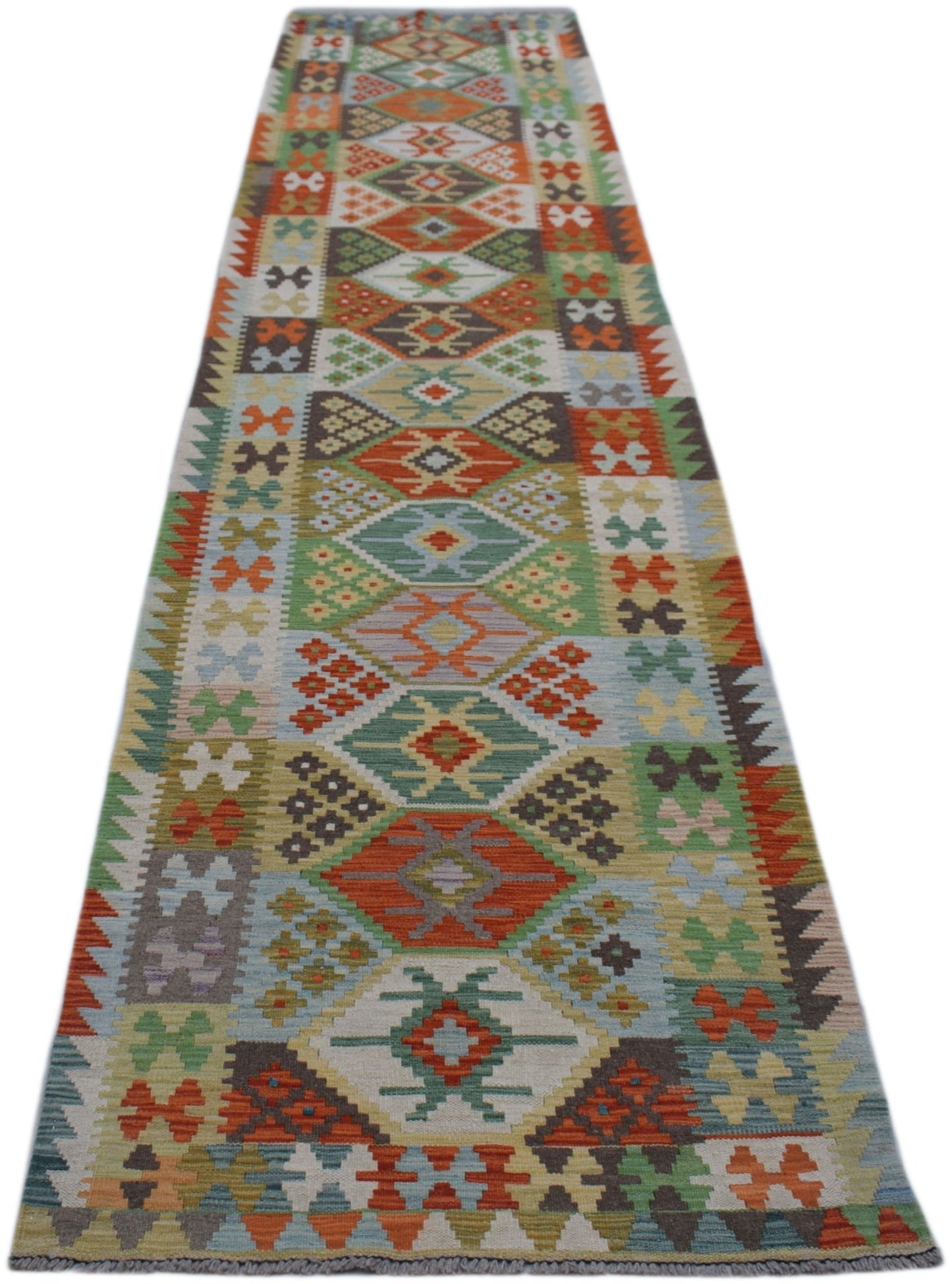 Handwoven Afghan Maimana wool runner rug featuring a colorful geometric diamond pattern.