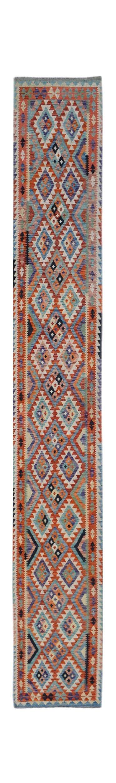 Handwoven Afghan Maimana wool runner rug featuring a vibrant geometric diamond pattern.