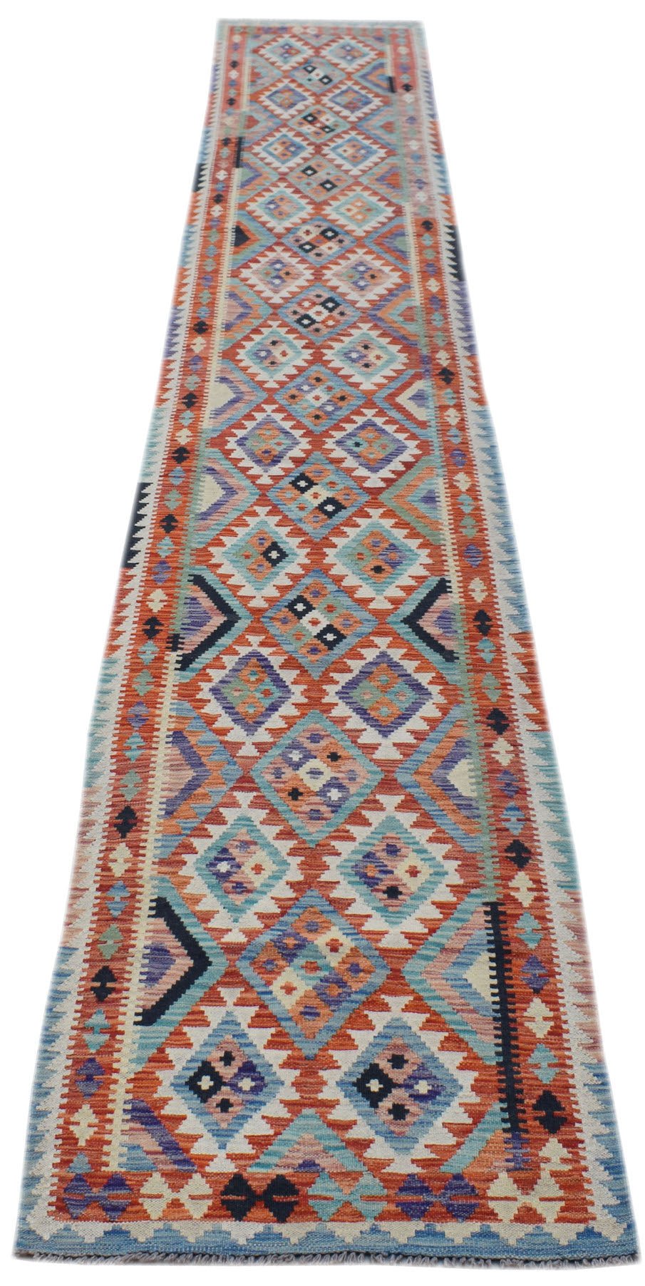 Handwoven Afghan Maimana wool runner rug featuring a colorful geometric diamond pattern.