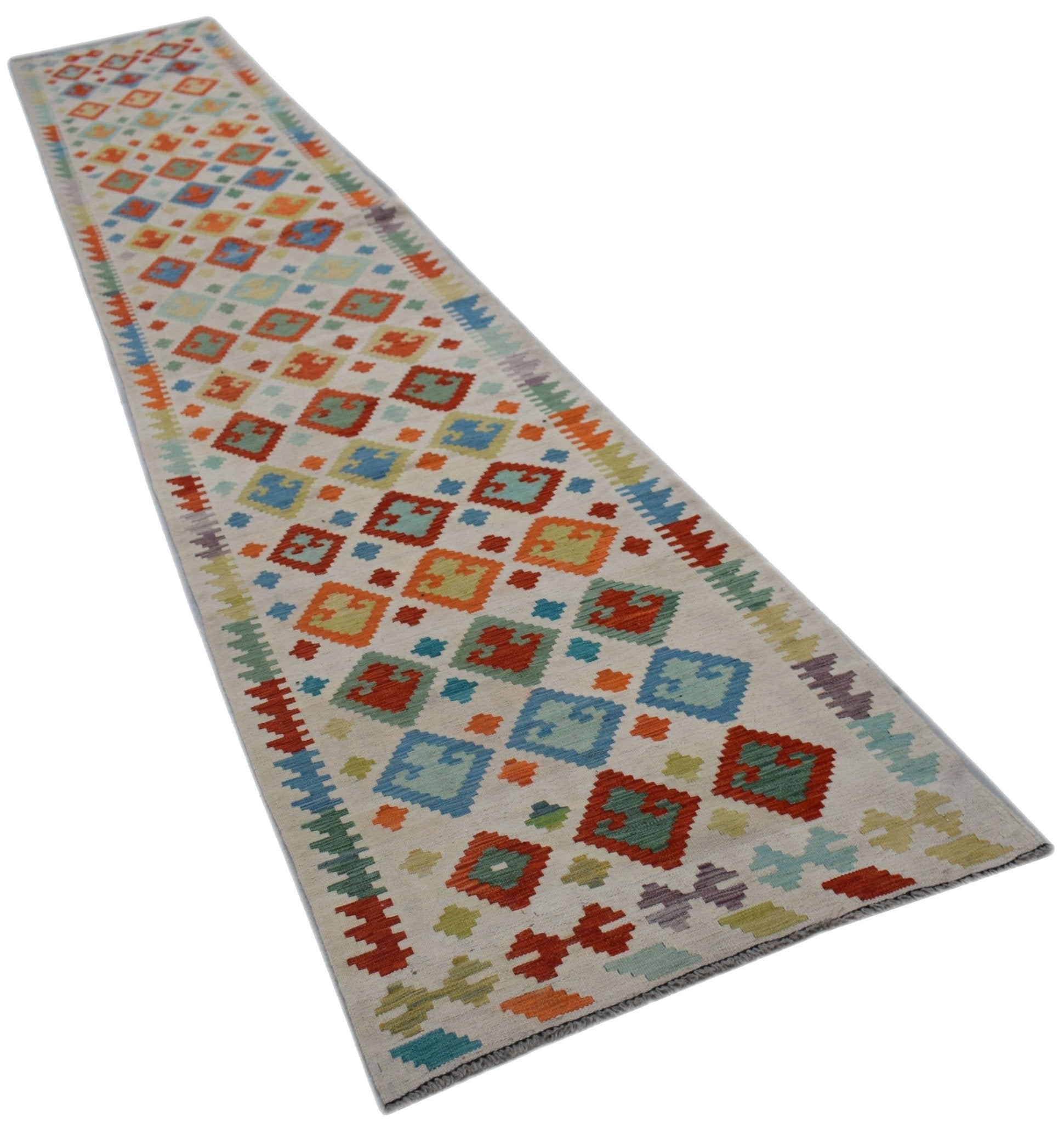 Handwoven Afghan Maimana wool runner rug featuring a colorful geometric diamond pattern.