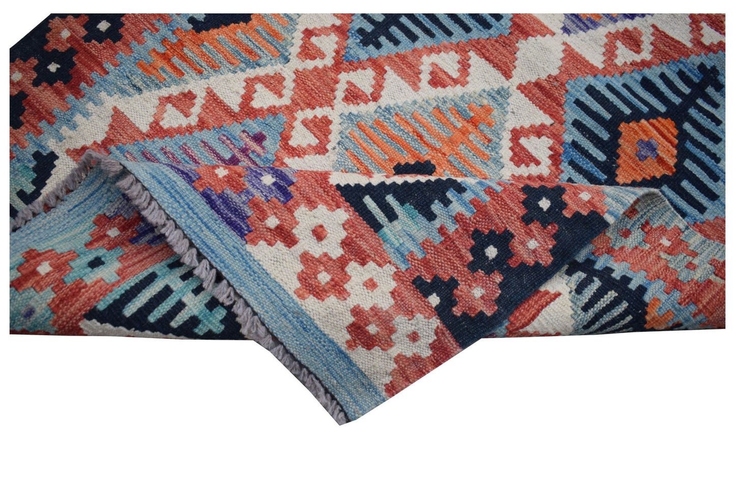 Handwoven Afghan Maimana kilim runner featuring a geometric pattern in vibrant wool colors.