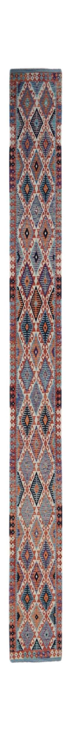 Handwoven Afghan Maimana Kilim runner featuring a repeating geometric diamond pattern in wool.